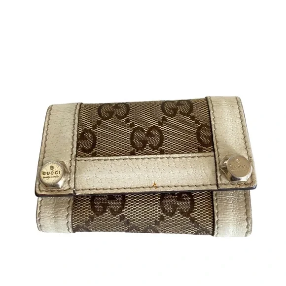 Gucci trifold keychain HH canvas logo signature white leather trim